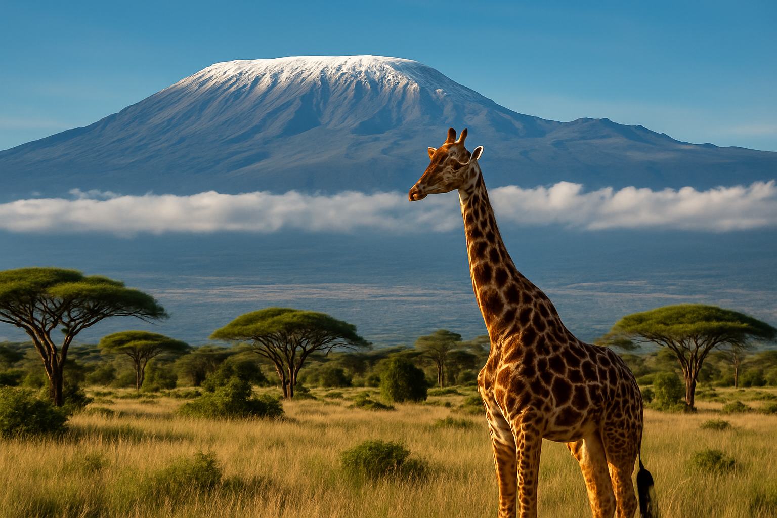 A giraffe on the plains below Mount Kilimanjaro