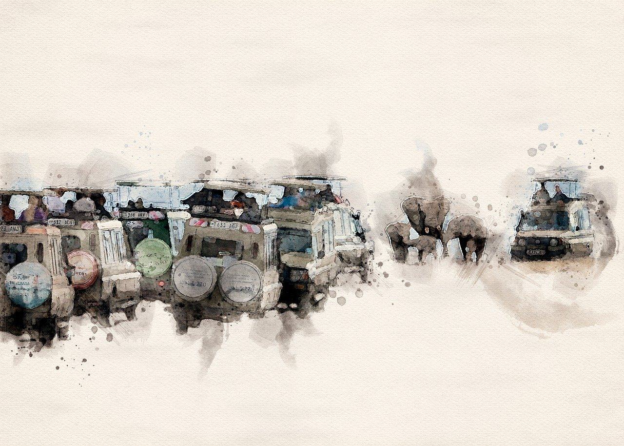 Watercolour illustration of safari vehicles crossing the plains